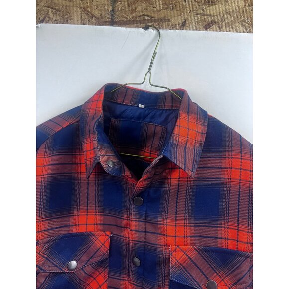 Men's Quilted Flannel Shirt Jacket Plaid Blue & Orange Sz. L Pearl Snap Vintage - Picture 6 of 13